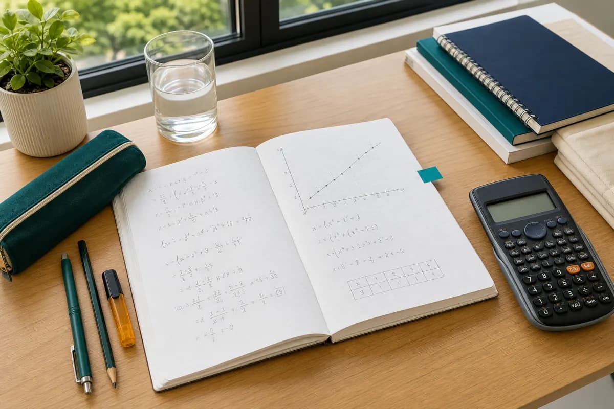 A mathematics study desk with a notebook, calculator, and practice work